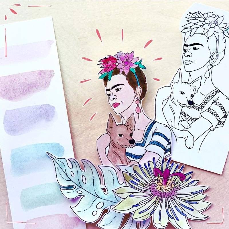 Acrylstempel: Love in the Moon - Frida Kahlo - Frau mit Hund – Bild 2