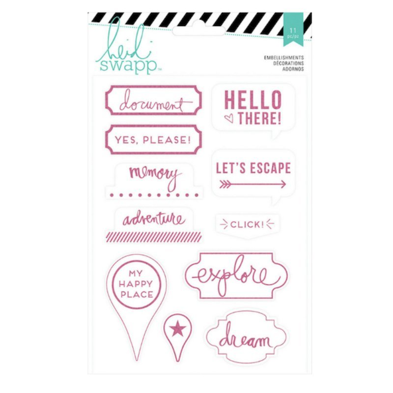 Heidi Swapp – Wanderlust – Pink Flocked Acrylic Embellishments 11 pcs