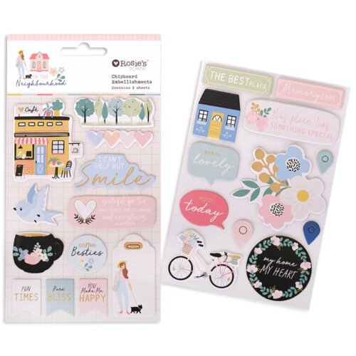 Rosie’s Studio In the Neighbourhood Chipboard-Embellishments – 2 Bögen Vintage-Scrapbook-Deko